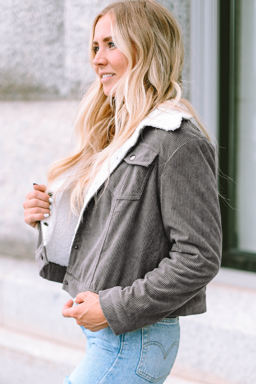 Fiery Red Corduroy Sherpa Snap Button Flap Jacket with fleece lining and snap button closure, showcasing stylish flap details.