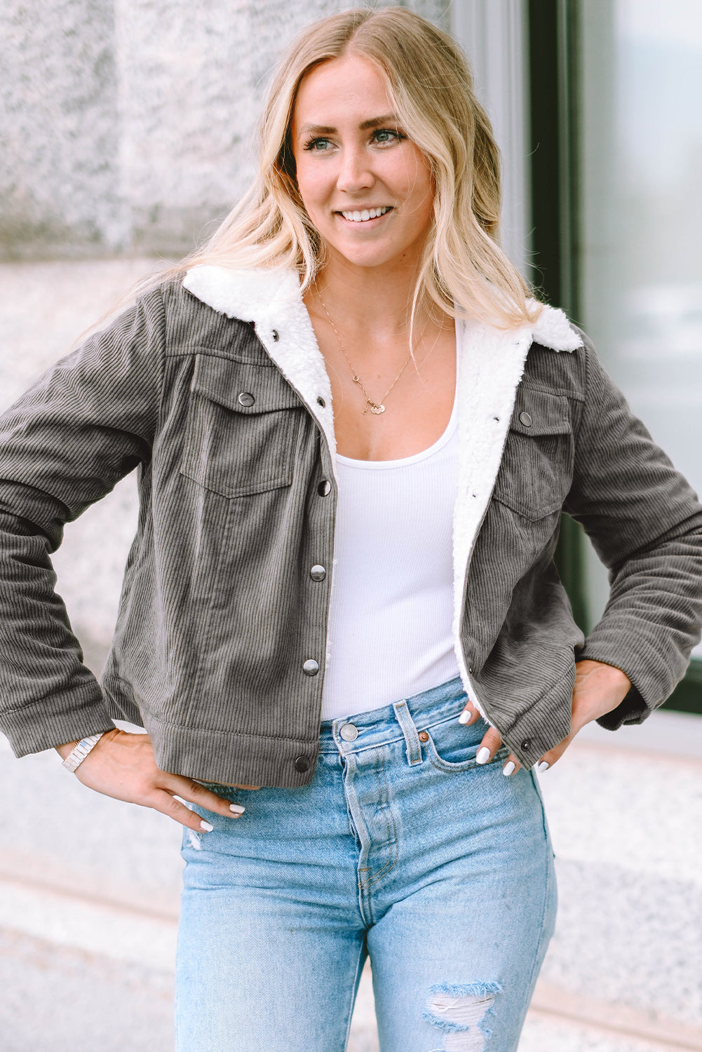 Fiery Red Corduroy Sherpa Snap Button Flap Jacket with fleece lining and snap button closure, showcasing stylish flap details.