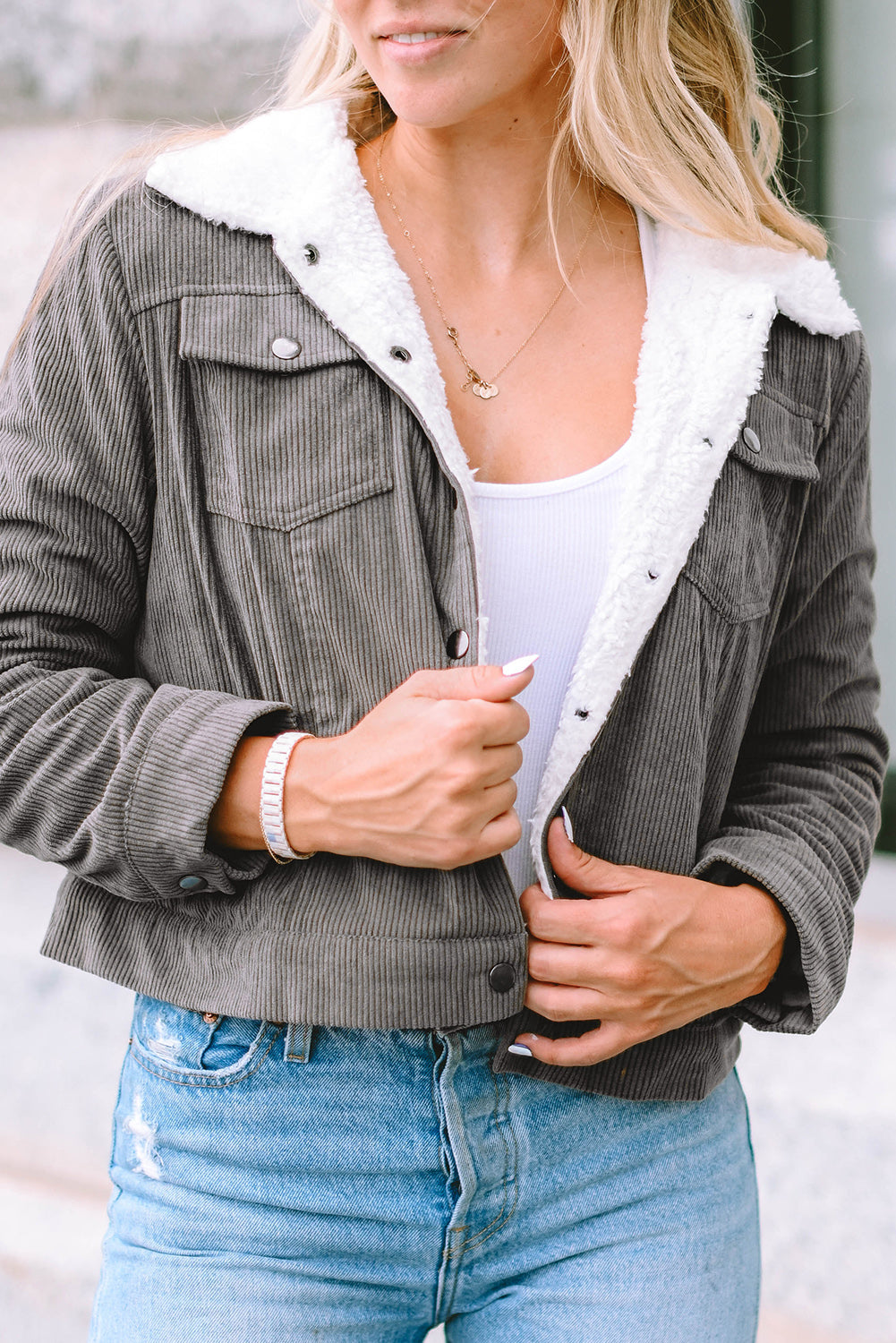 Fiery Red Corduroy Sherpa Snap Button Flap Jacket with fleece lining and snap button closure, showcasing stylish flap details.