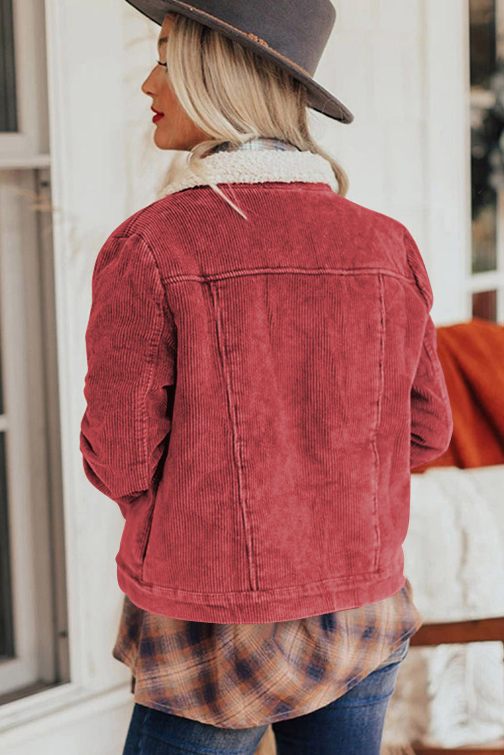 Fiery Red Corduroy Sherpa Snap Button Flap Jacket with fleece lining and snap button closure, showcasing stylish flap details.