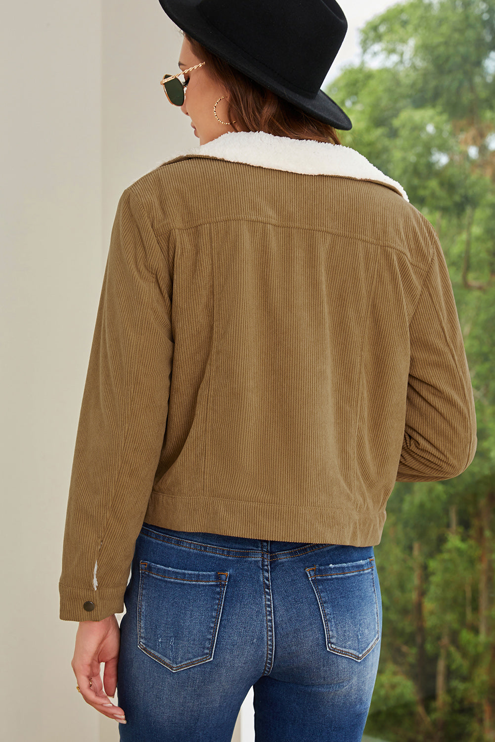 Fiery Red Corduroy Sherpa Snap Button Flap Jacket with fleece lining and snap button closure, showcasing stylish flap details.