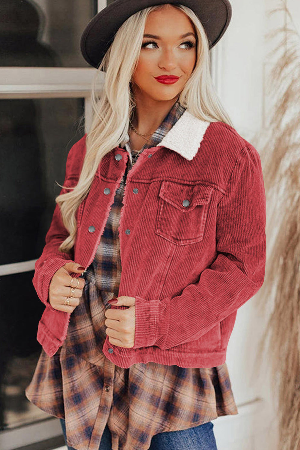 Fiery Red Corduroy Sherpa Snap Button Flap Jacket with fleece lining and snap button closure, showcasing stylish flap details.