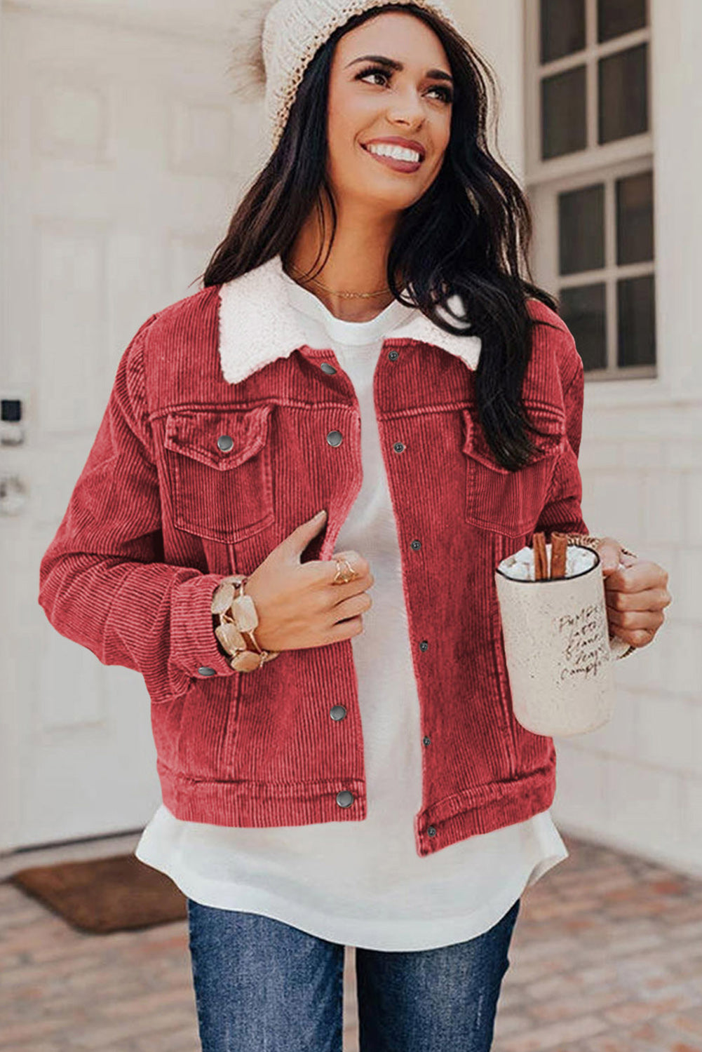 Fiery Red Corduroy Sherpa Snap Button Flap Jacket with fleece lining and snap button closure, showcasing stylish flap details.