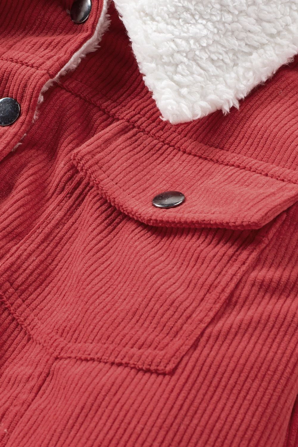 Fiery Red Corduroy Sherpa Snap Button Flap Jacket with fleece lining and snap button closure, showcasing stylish flap details.