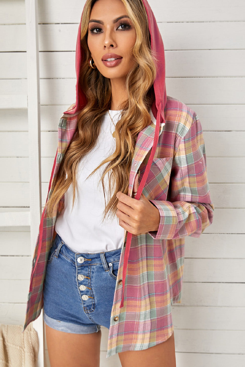 Fiery Red Drawstring Plaid Hooded Shacket displayed on a mannequin, showcasing its stylish plaid pattern and hood.