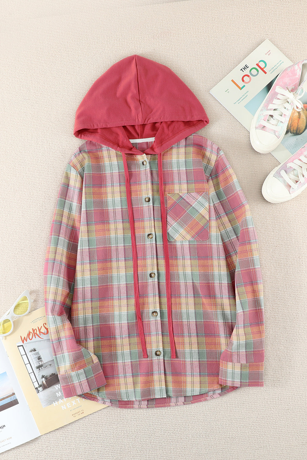 Fiery Red Drawstring Plaid Hooded Shacket displayed on a mannequin, showcasing its stylish plaid pattern and hood.