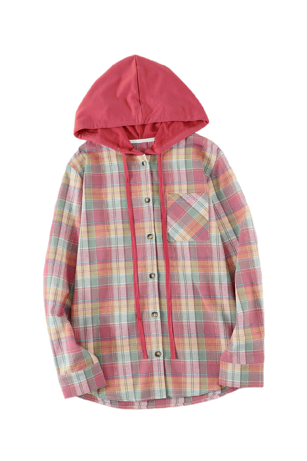 Fiery Red Drawstring Plaid Hooded Shacket displayed on a mannequin, showcasing its stylish plaid pattern and hood.