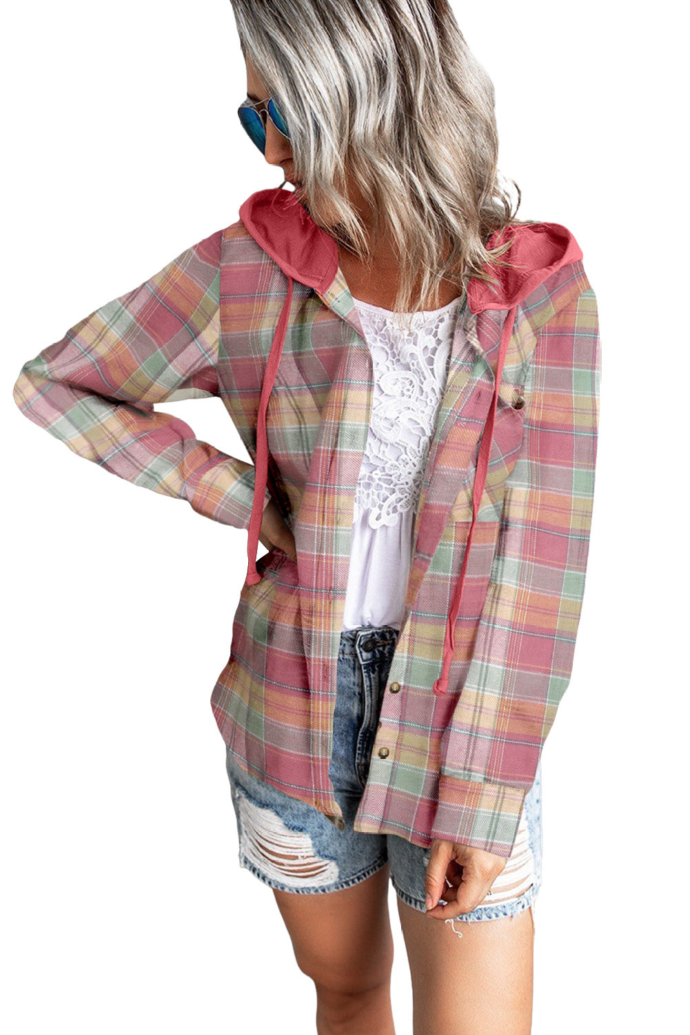 Fiery Red Drawstring Plaid Hooded Shacket displayed on a mannequin, showcasing its stylish plaid pattern and hood.