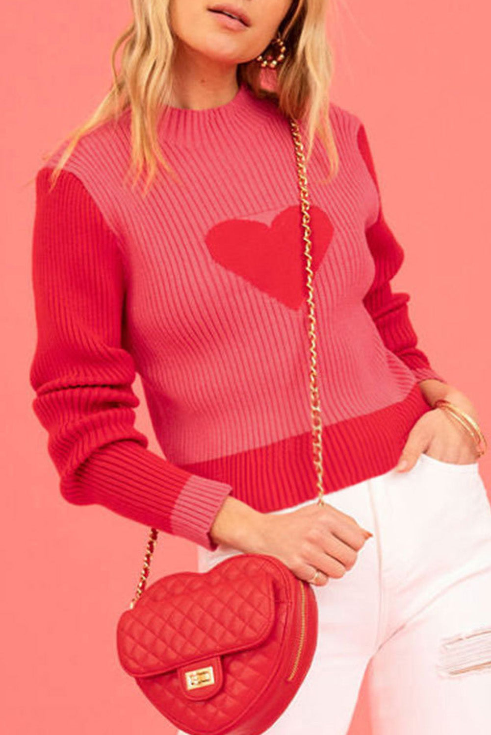 Fiery Red Mock Neck Colorblock Valentine Heart Ribbed Sweater featuring a heart graphic and ribbed texture, perfect for Valentine's Day.