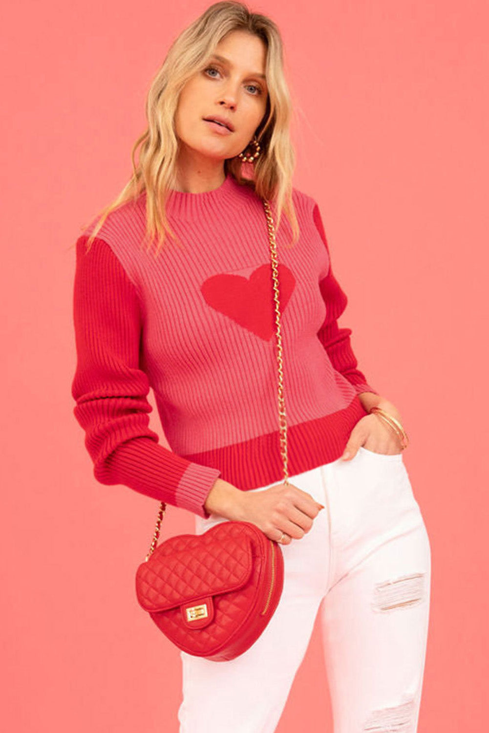 Fiery Red Mock Neck Colorblock Valentine Heart Ribbed Sweater featuring a heart graphic and ribbed texture, perfect for Valentine's Day.