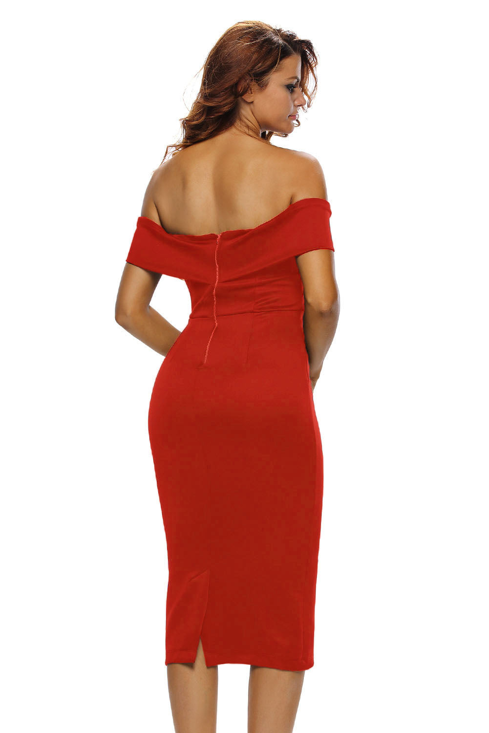 A stylish Fiery Red Off-the-shoulder Midi Dress featuring a V cut neckline, padded bust, and a flattering silhouette with a back slit.