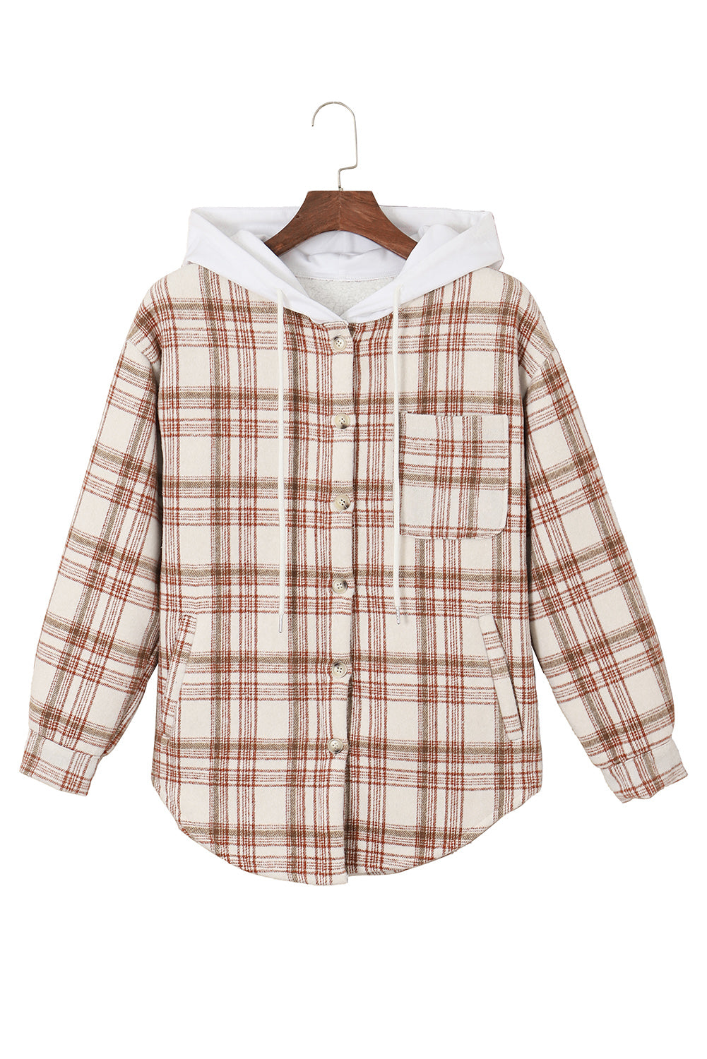 Fiery red sherpa lined hooded plaid jacket with side pockets, showcasing a trendy plaid design and solid-color hood.