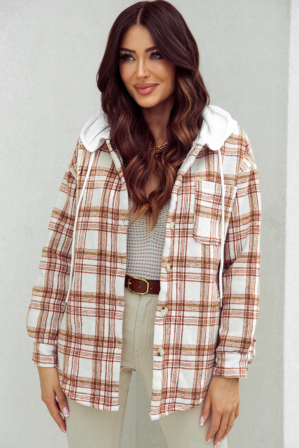 Fiery red sherpa lined hooded plaid jacket with side pockets, showcasing a trendy plaid design and solid-color hood.