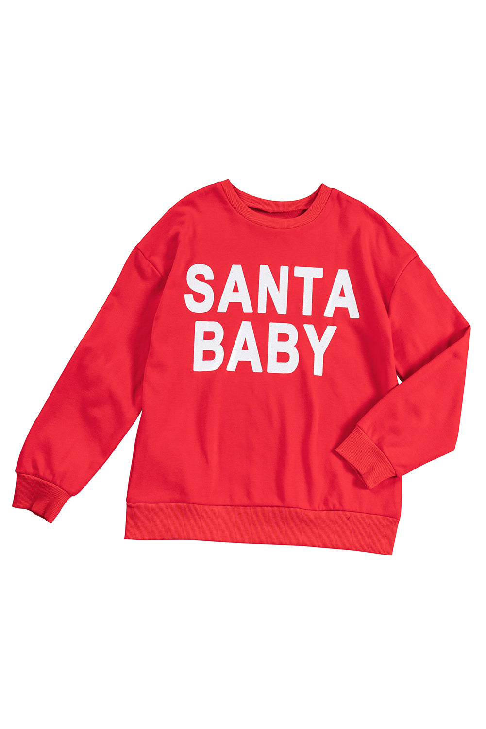 Fiery red sweatshirt featuring a shiny SANTA BABY graphic, perfect for holiday celebrations, with a crew neck and loose fit style.