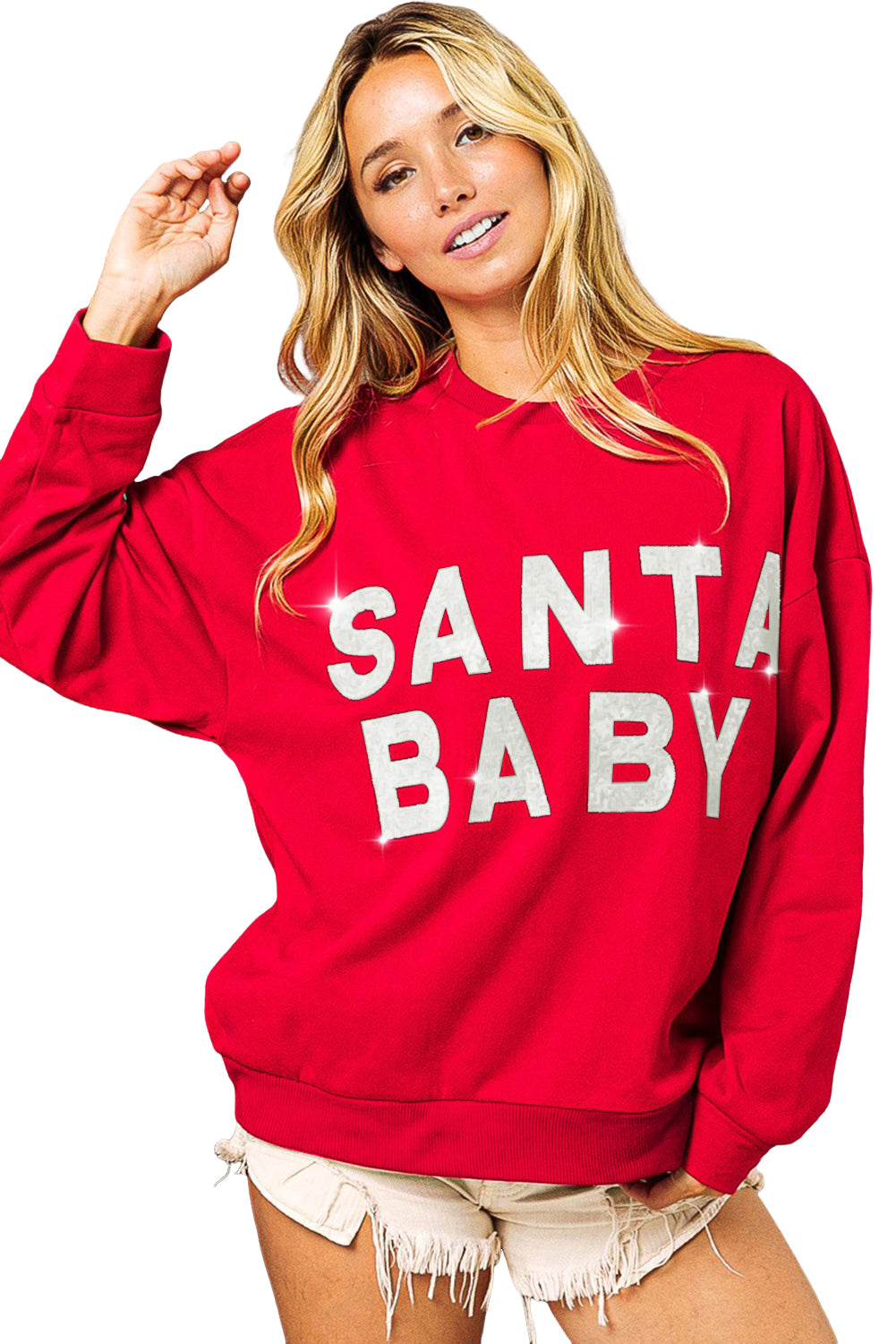 Fiery red sweatshirt featuring a shiny SANTA BABY graphic, perfect for holiday celebrations, with a crew neck and loose fit style.