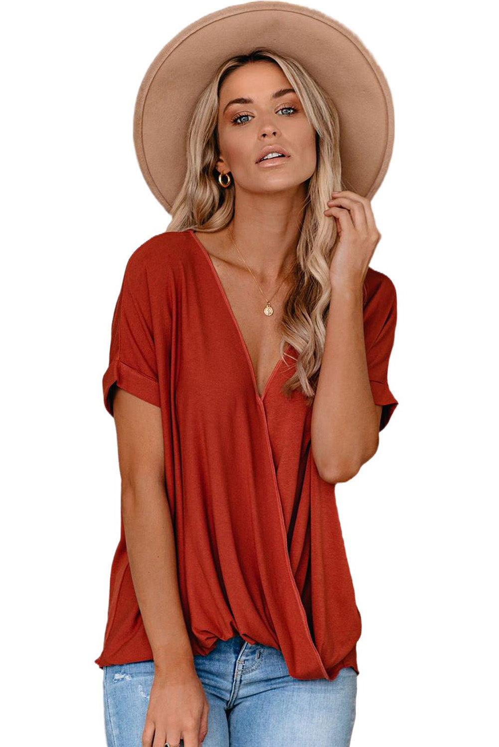 Fiery Red Short Sleeves Drape Knit Top with elegant twist design, featuring a sewn v-neckline and cuffed short sleeves.