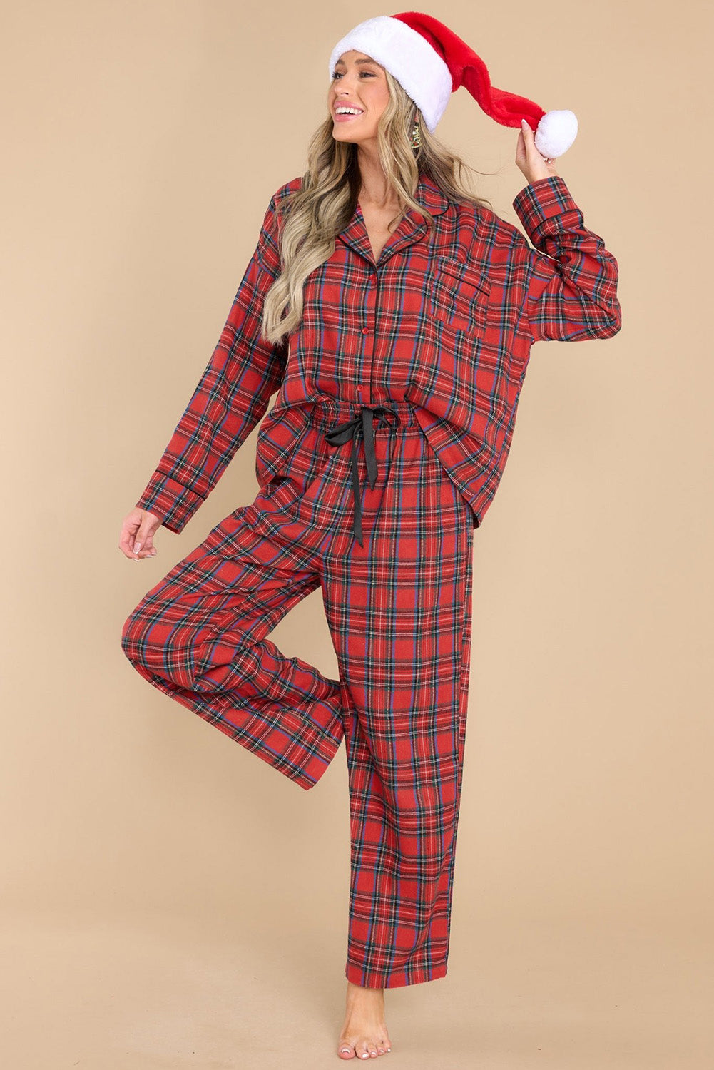 Fiery Red Tartan Plaid Pajama Set featuring a long sleeve shirt and drawstring pants, perfect for holiday lounging.