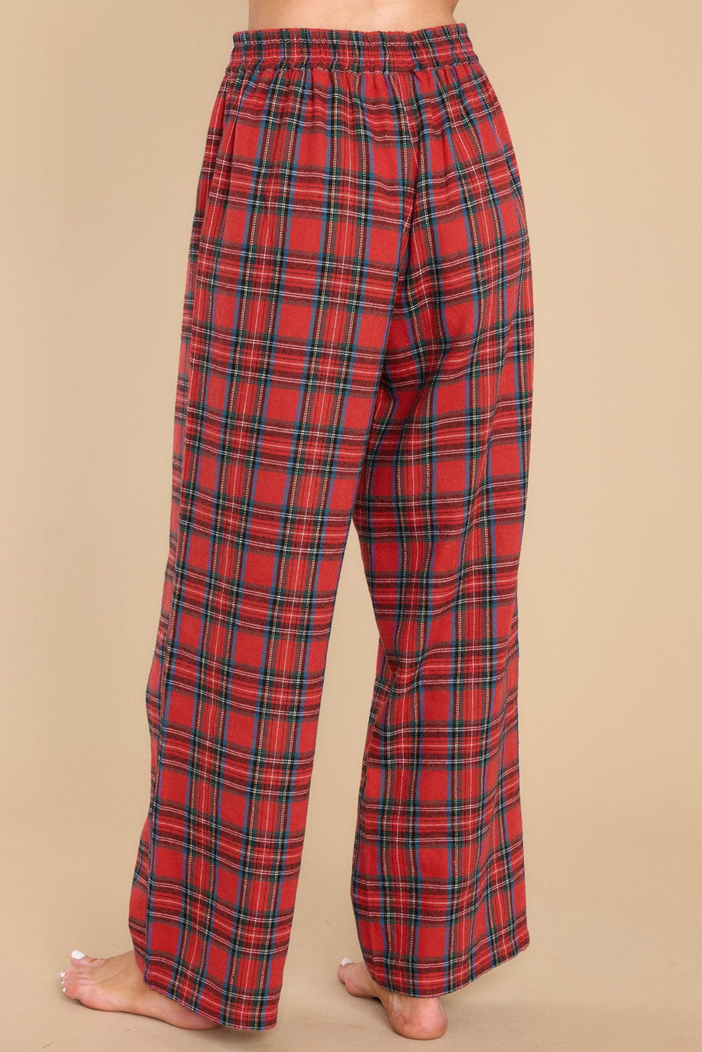 Fiery Red Tartan Plaid Pajama Set featuring a long sleeve shirt and drawstring pants, perfect for holiday lounging.