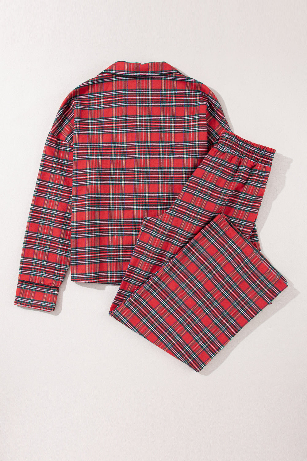 Fiery Red Tartan Plaid Pajama Set featuring a long sleeve shirt and drawstring pants, perfect for holiday lounging.