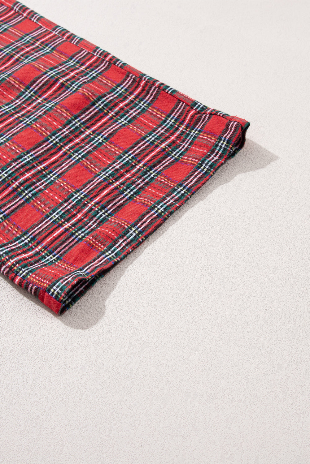 Fiery Red Tartan Plaid Pajama Set featuring a long sleeve shirt and drawstring pants, perfect for holiday lounging.