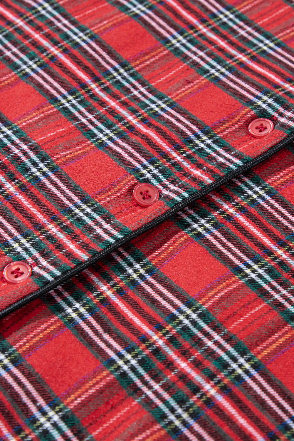 Fiery Red Tartan Plaid Pajama Set featuring a long sleeve shirt and drawstring pants, perfect for holiday lounging.