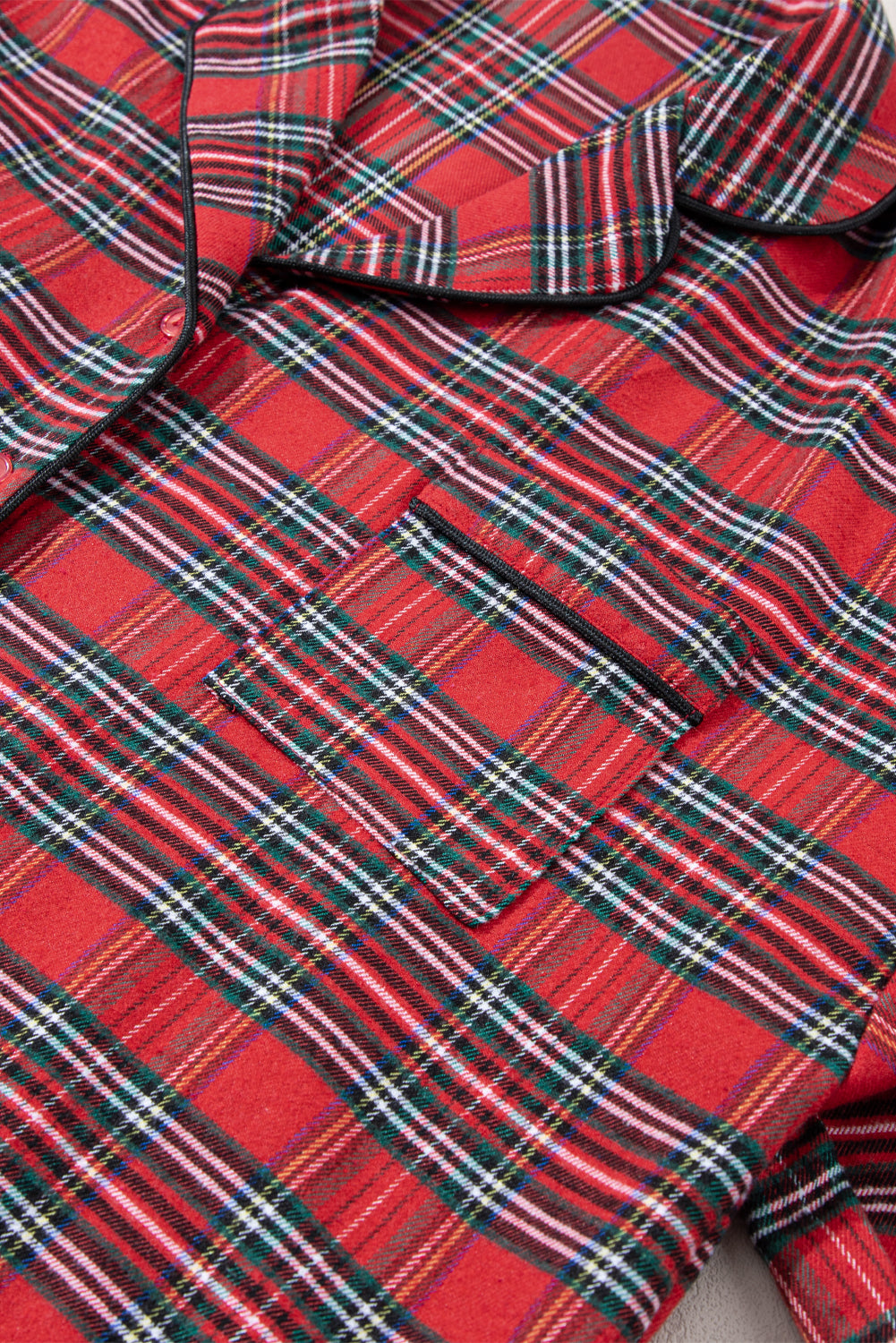 Fiery Red Tartan Plaid Pajama Set featuring a long sleeve shirt and drawstring pants, perfect for holiday lounging.