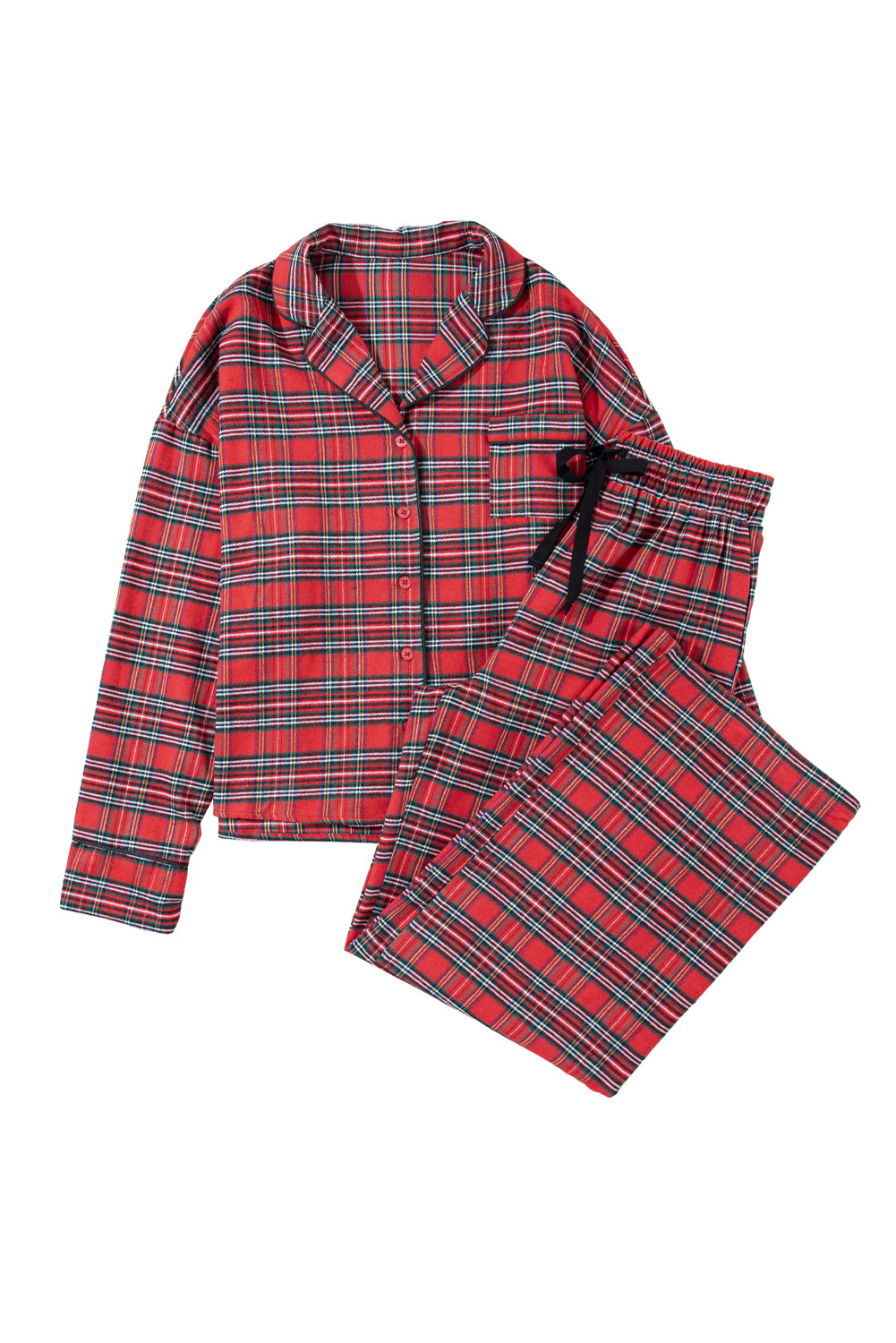 Fiery Red Tartan Plaid Pajama Set featuring a long sleeve shirt and drawstring pants, perfect for holiday lounging.