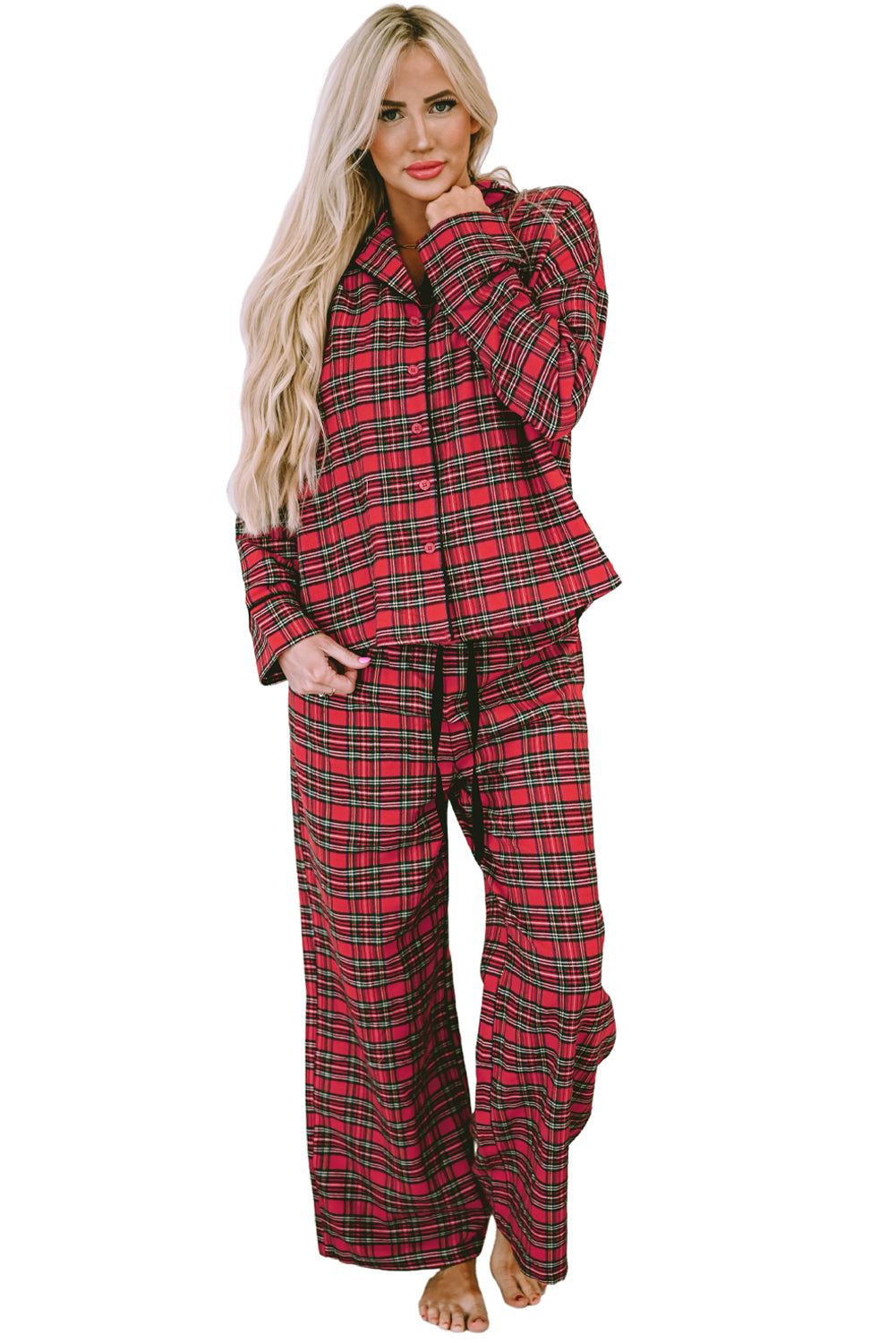 Fiery Red Tartan Plaid Pajama Set featuring a long sleeve shirt and drawstring pants, perfect for holiday lounging.