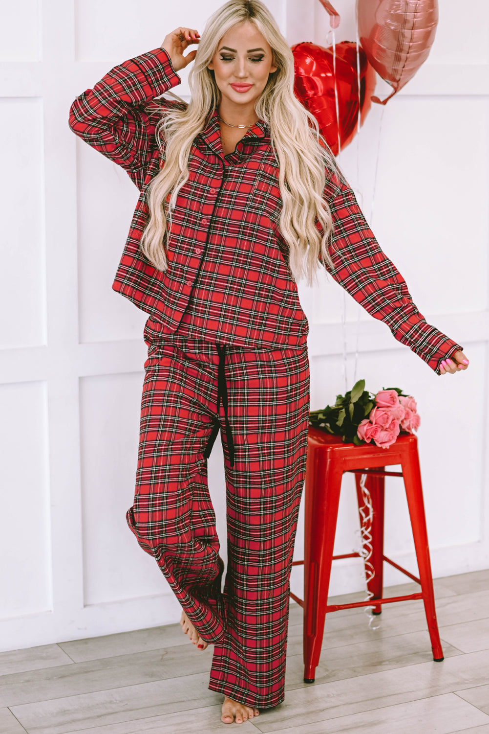 Fiery Red Tartan Plaid Pajama Set featuring a long sleeve shirt and drawstring pants, perfect for holiday lounging.