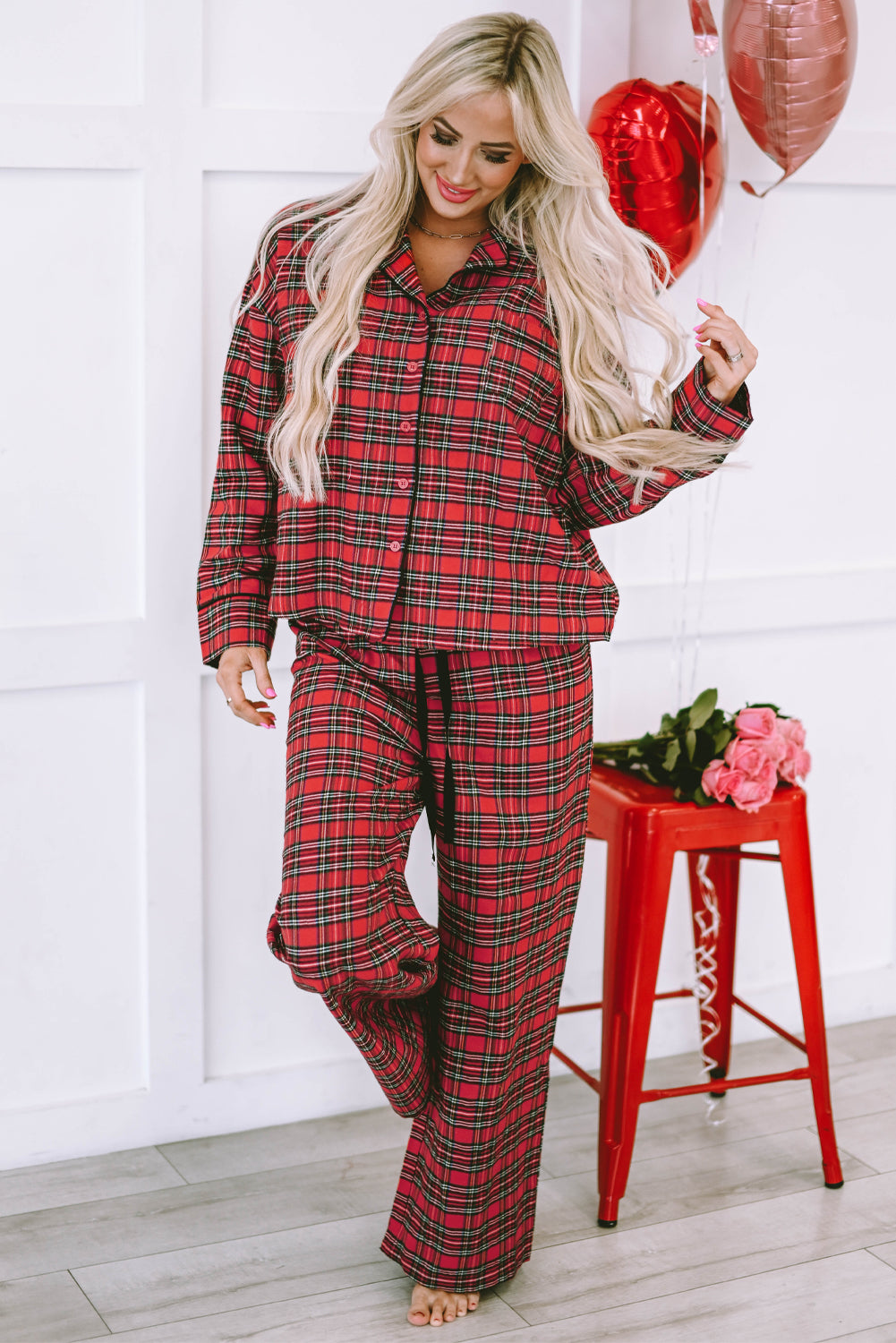 Fiery Red Tartan Plaid Pajama Set featuring a long sleeve shirt and drawstring pants, perfect for holiday lounging.