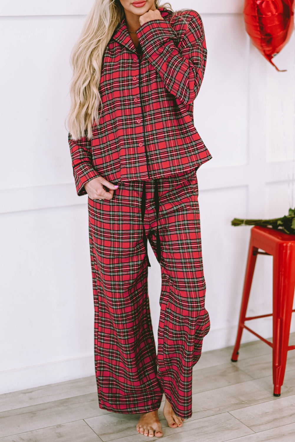 Fiery Red Tartan Plaid Pajama Set featuring a long sleeve shirt and drawstring pants, perfect for holiday lounging.