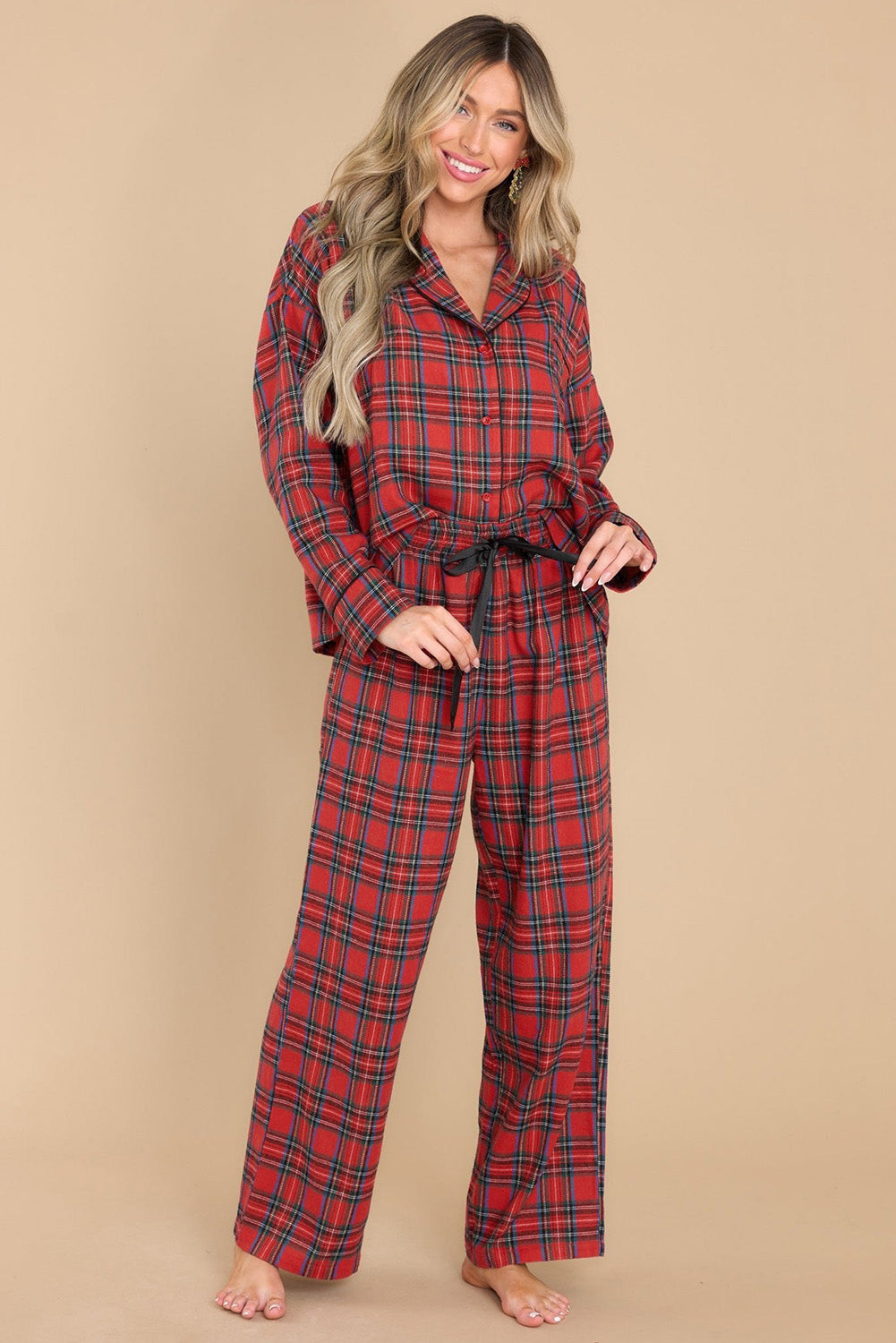 Fiery Red Tartan Plaid Pajama Set featuring a long sleeve shirt and drawstring pants, perfect for holiday lounging.