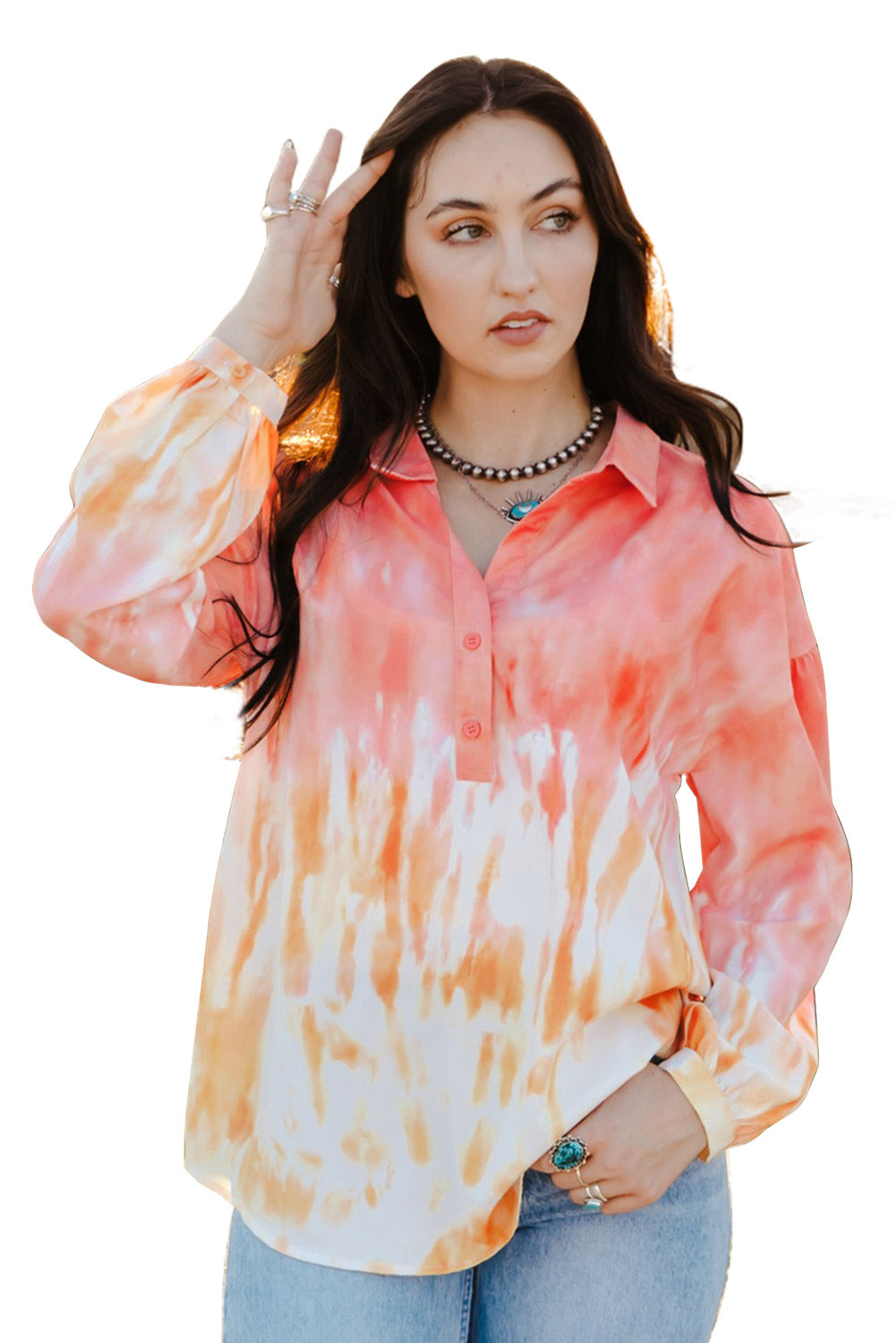 Fiery Red Tie Dye Print Lace-up Buttoned Henley Top displayed on a mannequin, showcasing its vibrant colors and unique back design.