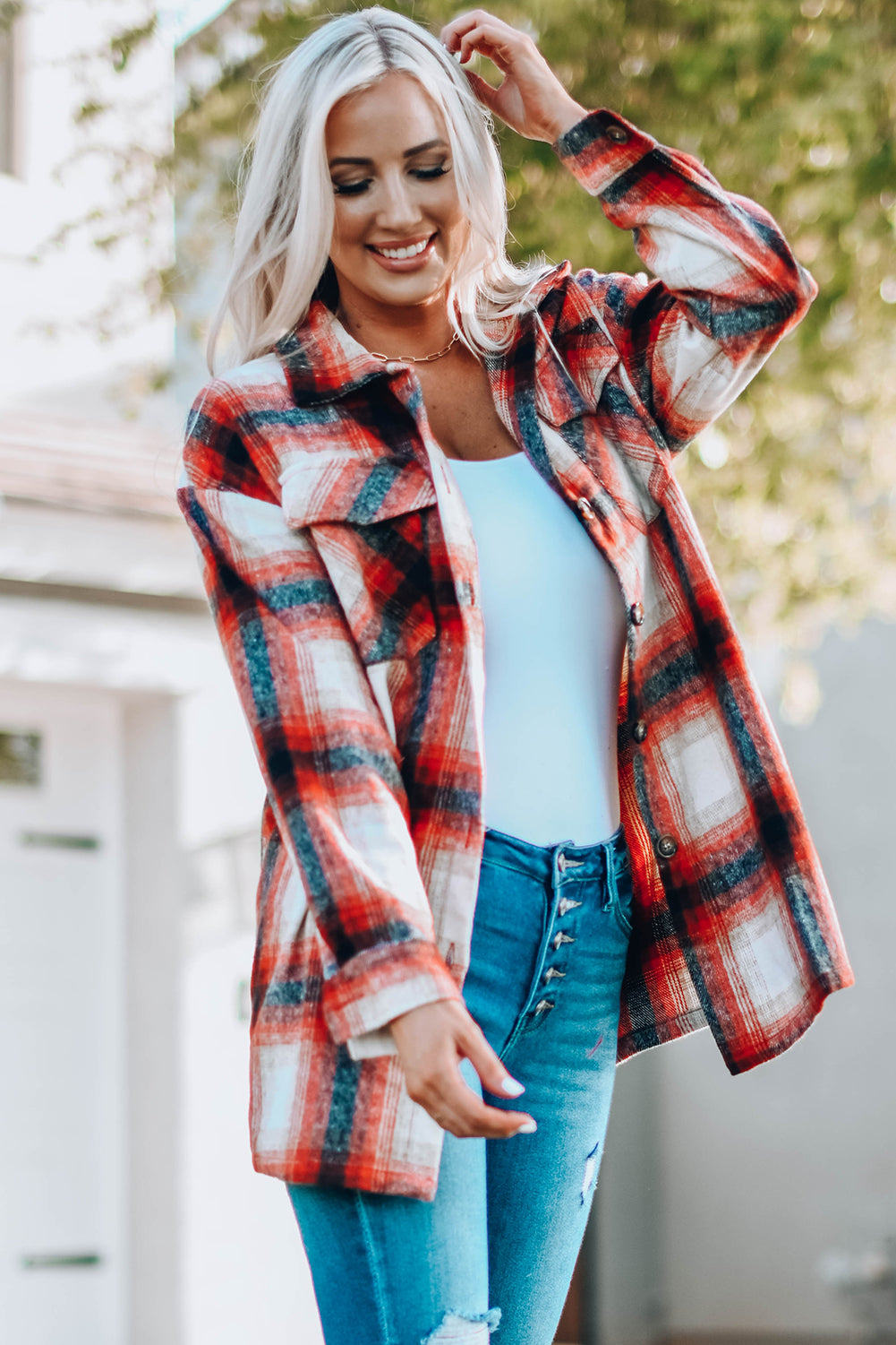 Fiery Red Turn Down Neck Plaid Pocket Button Closure Coat displayed on a mannequin, showcasing its vibrant color and stylish design.