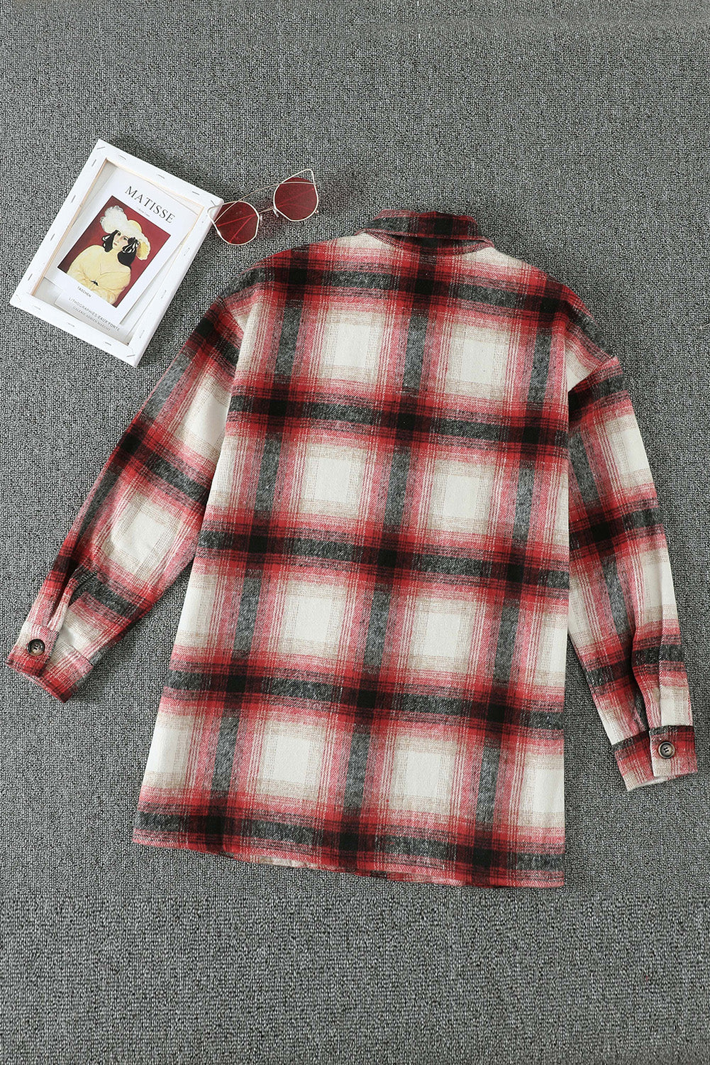 Fiery Red Turn Down Neck Plaid Pocket Button Closure Coat displayed on a mannequin, showcasing its vibrant color and stylish design.