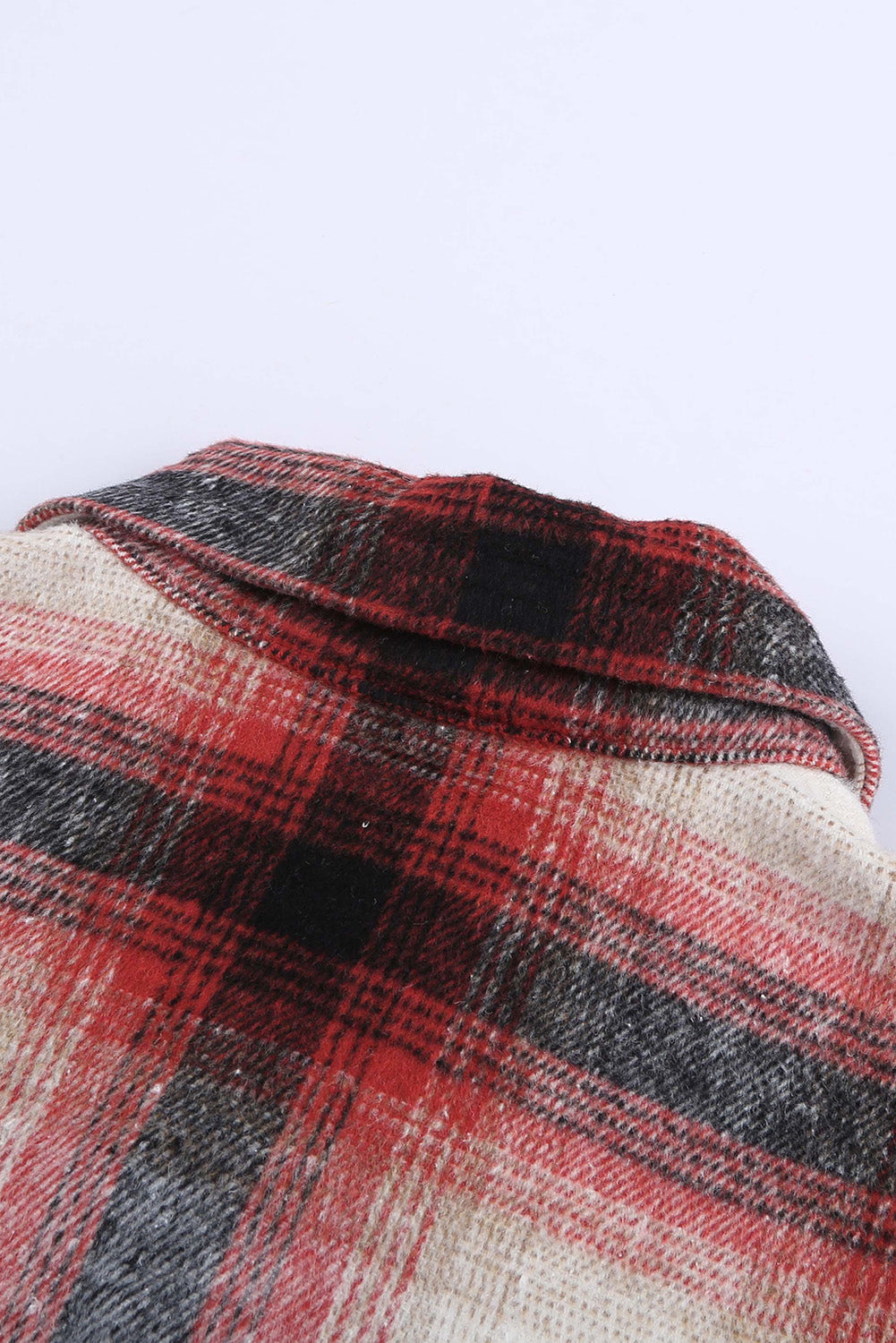 Fiery Red Turn Down Neck Plaid Pocket Button Closure Coat displayed on a mannequin, showcasing its vibrant color and stylish design.