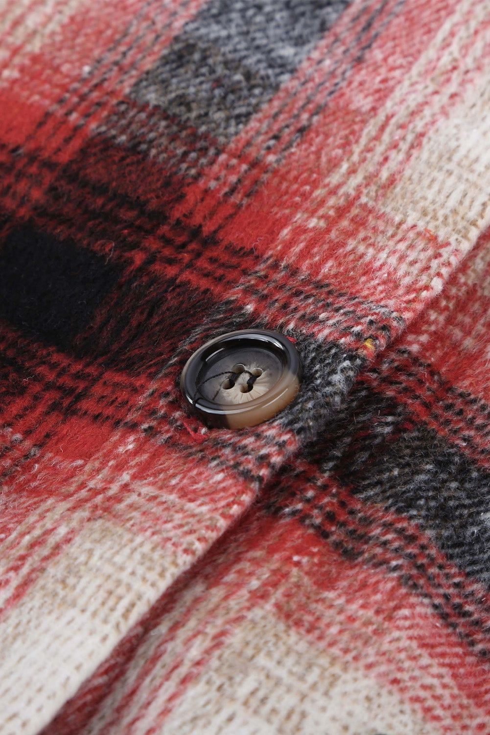 Fiery Red Turn Down Neck Plaid Pocket Button Closure Coat displayed on a mannequin, showcasing its vibrant color and stylish design.