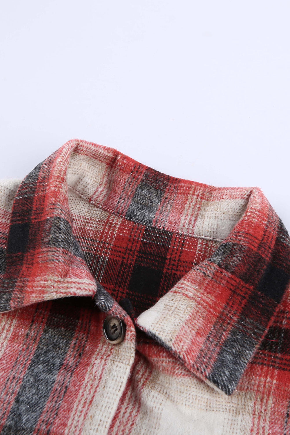 Fiery Red Turn Down Neck Plaid Pocket Button Closure Coat displayed on a mannequin, showcasing its vibrant color and stylish design.