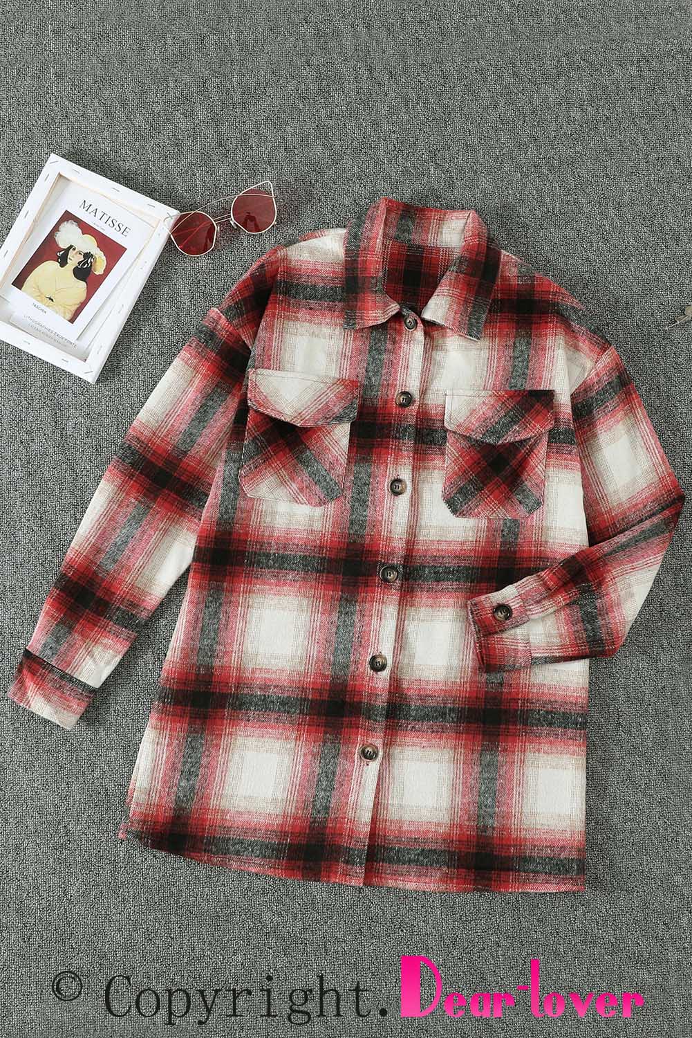 Fiery Red Turn Down Neck Plaid Pocket Button Closure Coat displayed on a mannequin, showcasing its vibrant color and stylish design.