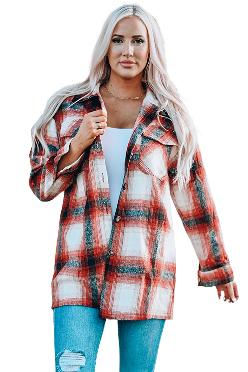 Fiery Red Turn Down Neck Plaid Pocket Button Closure Coat displayed on a mannequin, showcasing its vibrant color and stylish design.