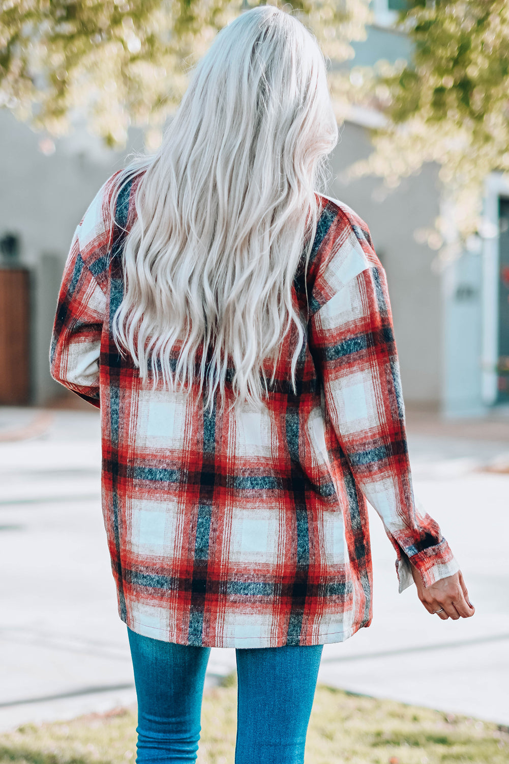 Fiery Red Turn Down Neck Plaid Pocket Button Closure Coat displayed on a mannequin, showcasing its vibrant color and stylish design.