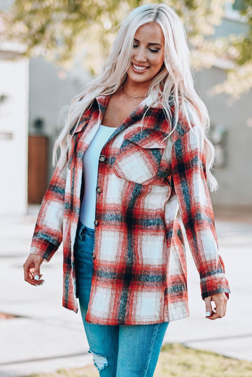 Fiery Red Turn Down Neck Plaid Pocket Button Closure Coat displayed on a mannequin, showcasing its vibrant color and stylish design.