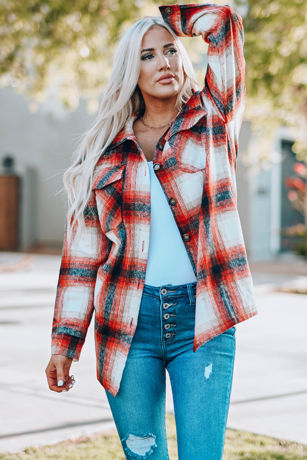 Fiery Red Turn Down Neck Plaid Pocket Button Closure Coat displayed on a mannequin, showcasing its vibrant color and stylish design.