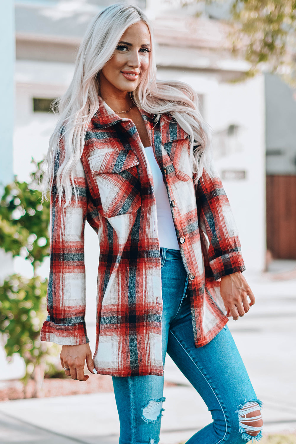 Fiery Red Turn Down Neck Plaid Pocket Button Closure Coat displayed on a mannequin, showcasing its vibrant color and stylish design.