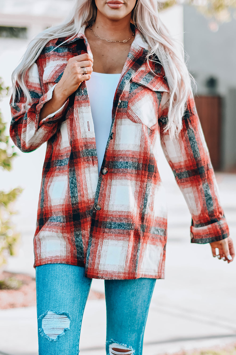 Fiery Red Turn Down Neck Plaid Pocket Button Closure Coat displayed on a mannequin, showcasing its vibrant color and stylish design.