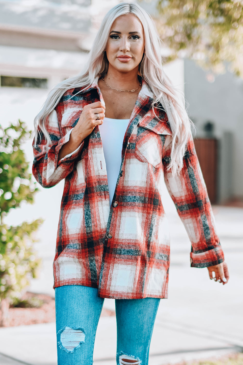 Fiery Red Turn Down Neck Plaid Pocket Button Closure Coat displayed on a mannequin, showcasing its vibrant color and stylish design.