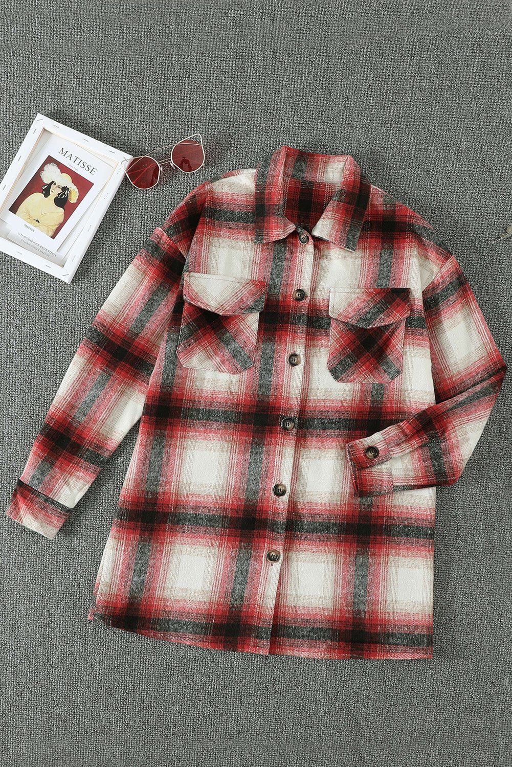 Fiery Red Turn Down Neck Plaid Pocket Button Closure Coat displayed on a mannequin, showcasing its vibrant color and stylish design.