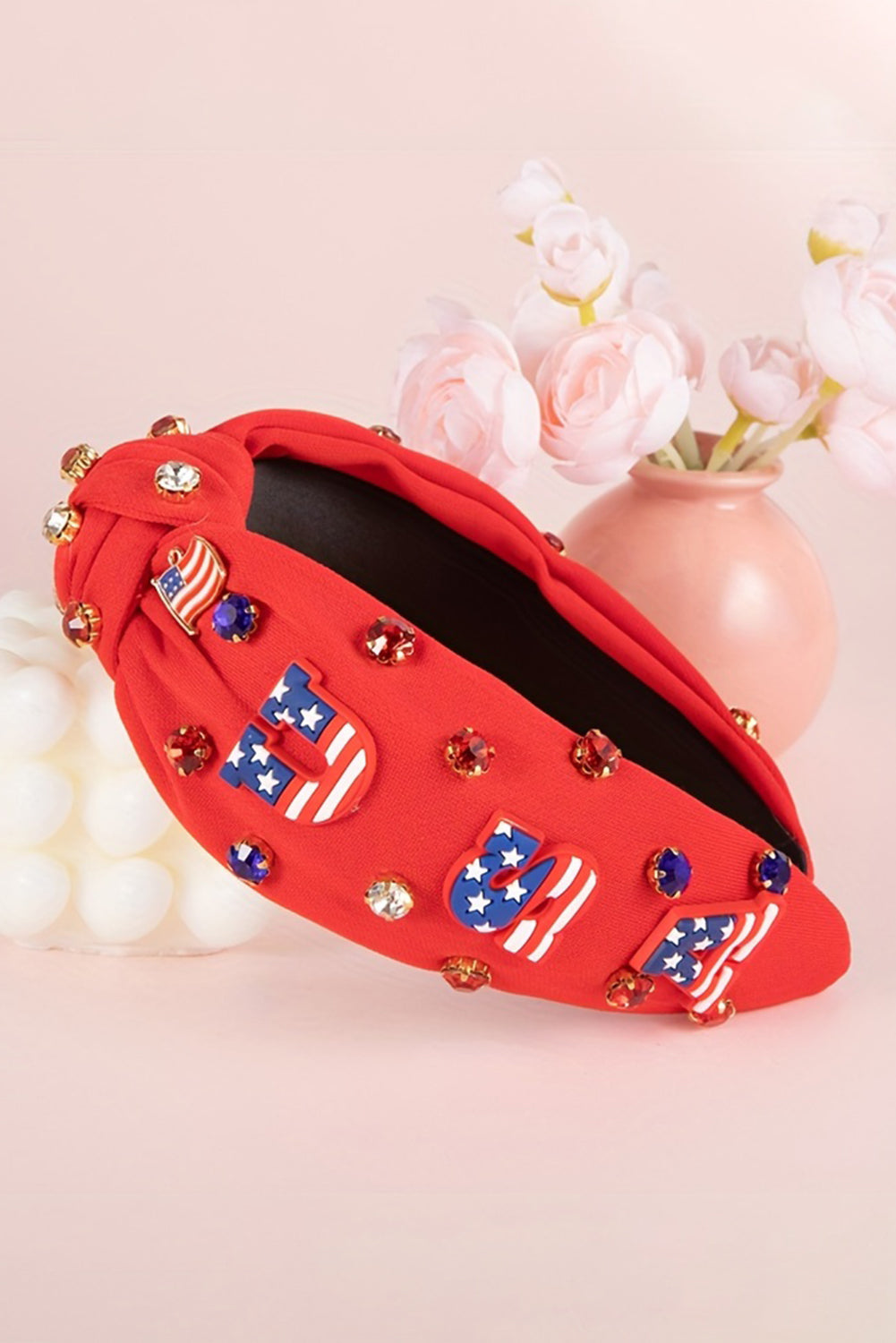 Fiery Red USA Flag Gemstone Decor Knotted Wide Headband featuring a vibrant red color and elegant gemstone accents.