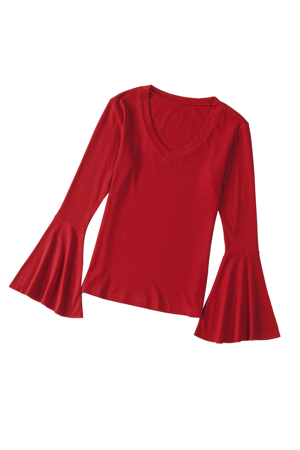 Fiery Red V Neck Knit Bell Sleeve Top with ribbed texture and stylish bell sleeves, perfect for layering or wearing alone.