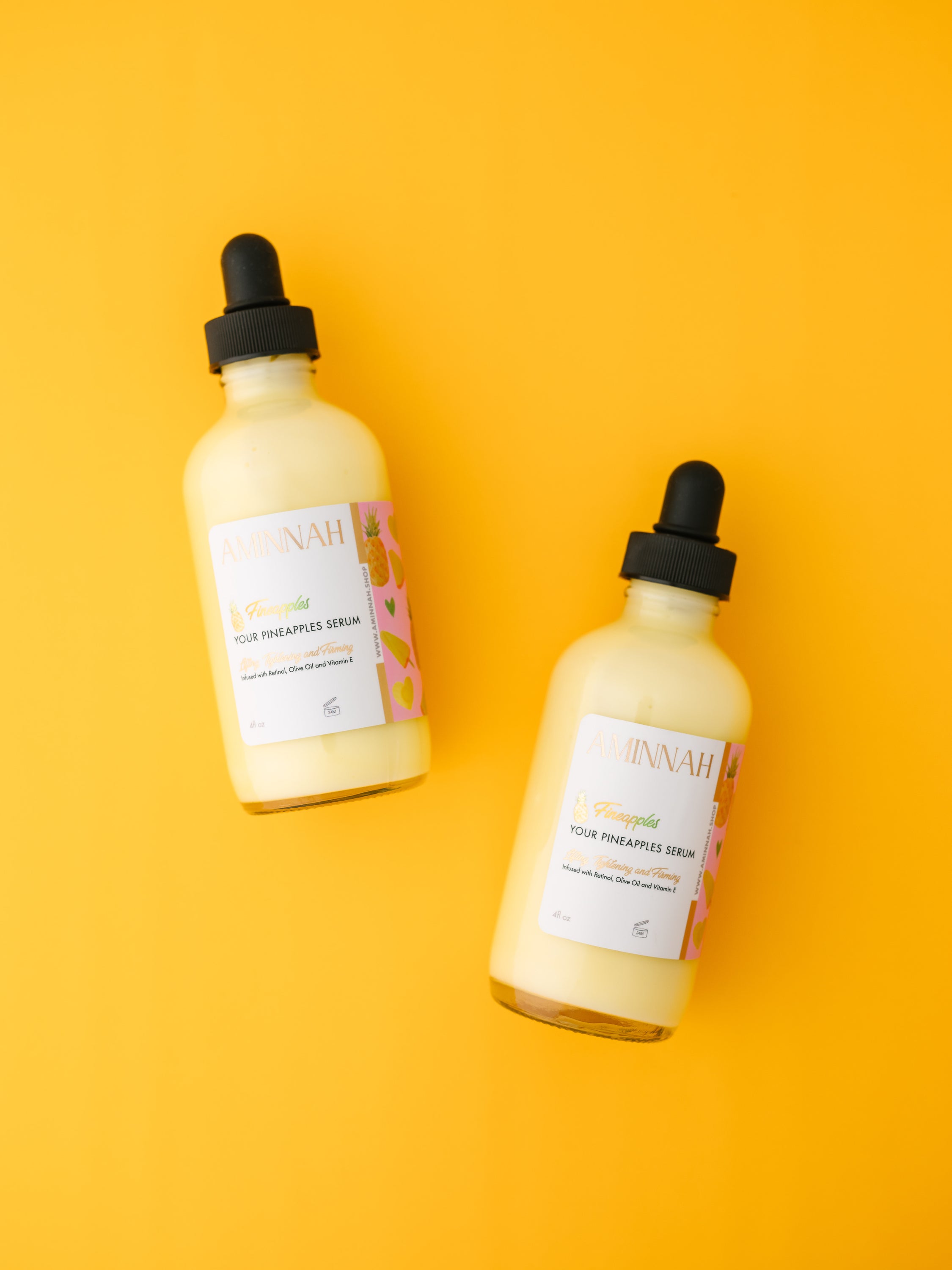 Fineapples Boob Serum bottle with pineapple fruit extract, retinol, and vitamin E ingredients, designed for skin tightening and firming.